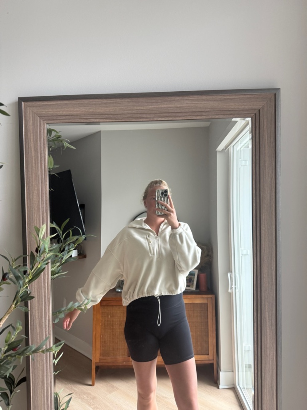 H&M Cream Drawstring Cropped Pullover Sweatshirt
